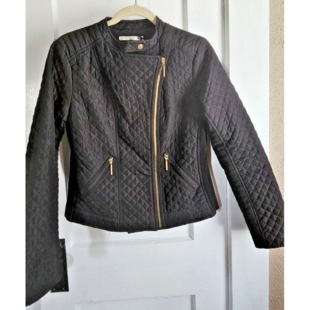 STRADIVARIUS woman Sz L quilted full zip moto jacket ribbed‎ sides black